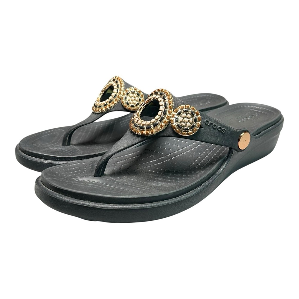 Crocs Sanrah Diamante Wedge Flip Flop Sandals Womens 7 Black Thongs Slip On - Picture 4 of 12
